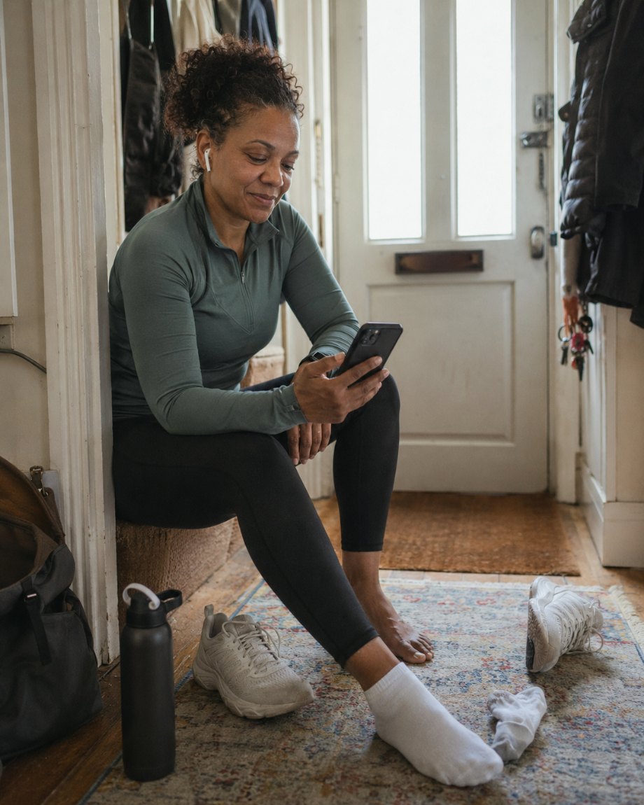 A woman sitting in her hallway, lacing up to head out for a run, reading messages from the people supporting her.