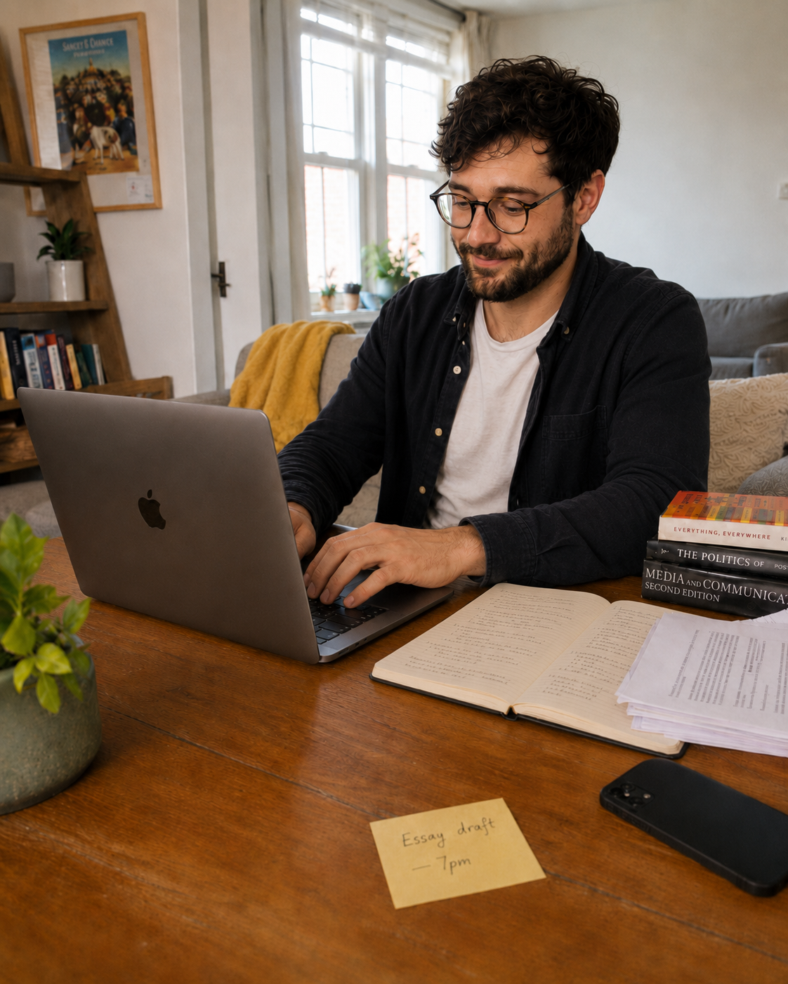 The same man sitting upright at the desk, typing on his laptop with the essay draft open.
