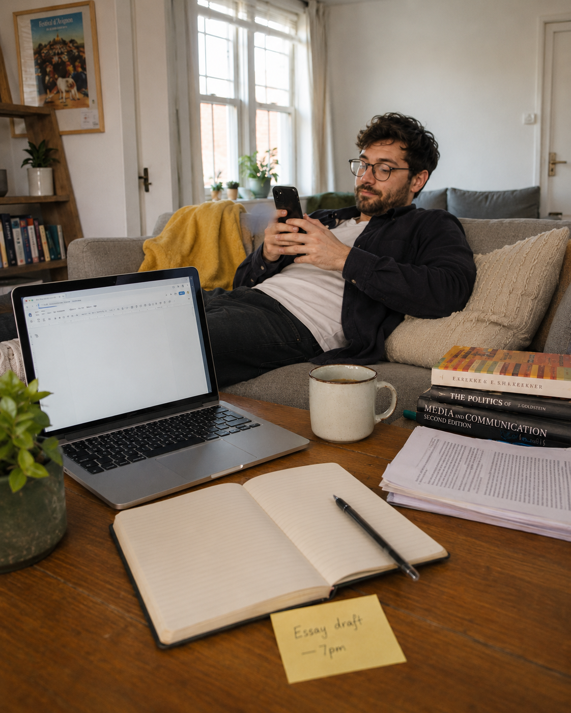 A man lying on the sofa, scrolling his phone while an unfinished essay draft sits on the coffee table.